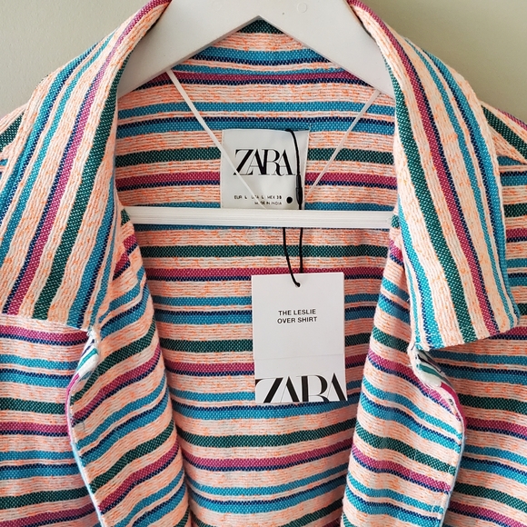 NWT Zara L Lagenlook Boho Hippie  Rainbow Neon Striped Oversized Leslie Shirt - Picture 5 of 15
